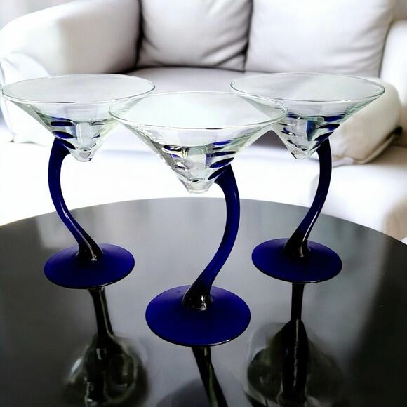 Libbey Swerve Cobalt Blue Stem Martini Glass Set Of 3- Vintage - Picture 2 of 6